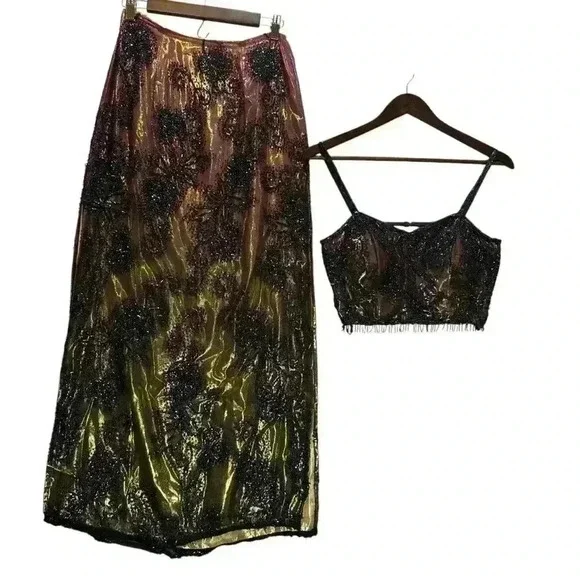 Y2K Je Matadi 100% Silk Beaded Ombré Mermaid Skirt And Halter Top Size Small - Picture 1 of 16